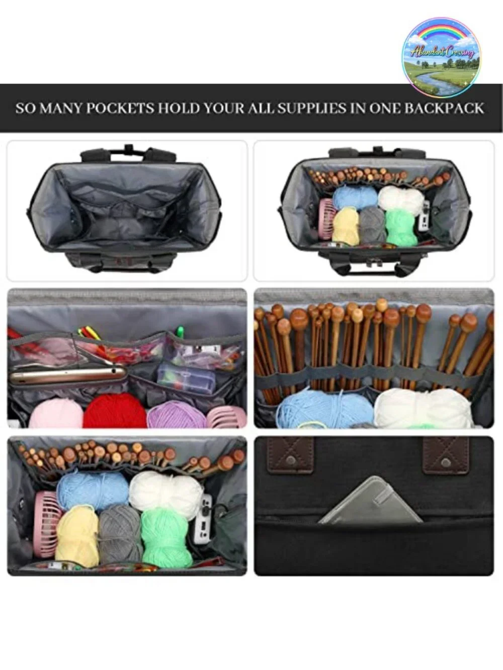 Knitting Bag Backpack Yarn Storage Organizer with USB Port, Tote for Needles &